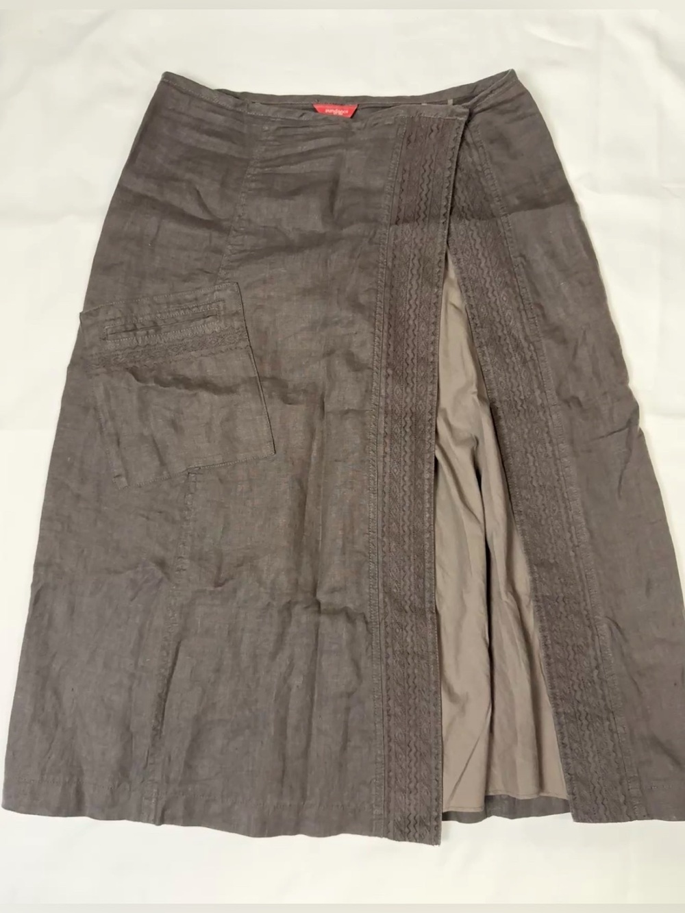 Sundance Womens Brown Linen Cotton Fit-Flare Midi Skirt Sz 8 Adjustable Waist